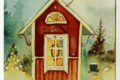Pystytasoinen postikortti, jossa Minna Immosen piirros punaisesta talosta vierellään lumiukko ja taustalla metsää. Viirin päällä katolla pari tonttua. Oikeassa yläkulmassa Unicefin logo ja teksti Iloista joulua!