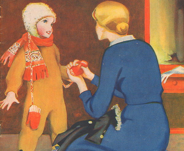 Oma Koti -lehden kansikuva, jossa Martta Wendelinin piirros naisesta sinisessä mekossa pukemassa lapselleen tumppuja sisällä.