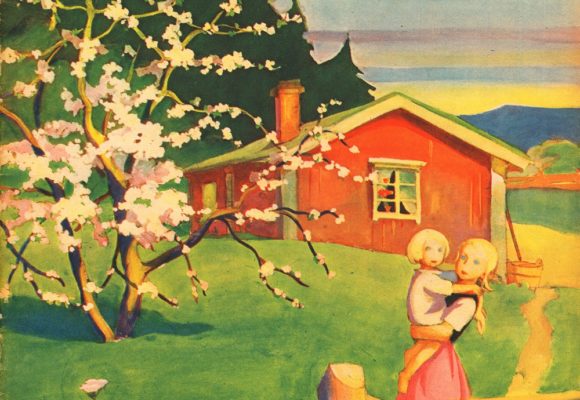 Oma Koti -lehden kansikuva, jossa Martta Wendelinin piirros pihasta. Piirroksessa aita, jonka takana tyttö toisen sylissä, omenapuu nurmikolla ja punainen tupa.