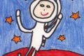 Lapsenomainen piirros astronautista punaisen planeetan päällä, taustalla tähtitaivas.