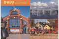 Vaakatasoinen postikorttti, jossa kolme maisemaa Oulusta ja oranssilla pohjalla vaalealla tekstillä Oulu Suomi Finland.