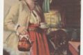 Piirroskuva naisesta pirtissä kahvipannu ja -kuppi käsissään, taustalla rukki.