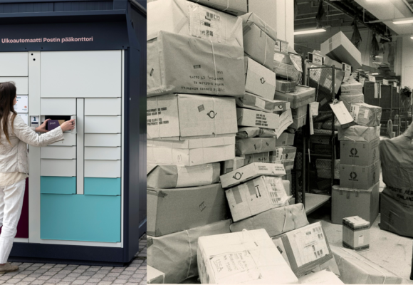 Vasemmalla henkilö pakettiautomaatilla, oikealla vanha kuva jossa iso kasa paketteja postin lajittelukeskuksessa.