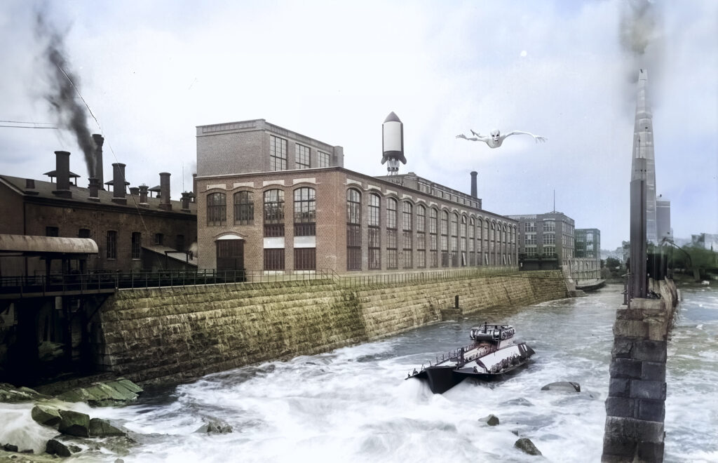 Iso, vanha, punatiilinen tehdasrakennus kosken rannalla.