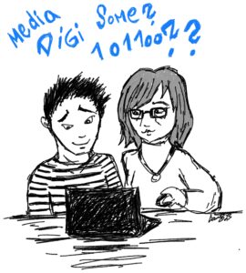 Nuori ja vanhempi ihminen ovat tietokoneen ääressä piirretyssä kuvassa.