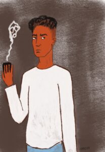 Piirretyssä kuvassa tummahko henkilö kädessään puhelin, josta nousee valkoinen savu.