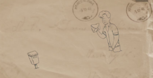 kaappauskuva animaatiofilmistä. Ruskea kirjekuori postileimoineen, johon on piirretty lyijykynällä postilaatikko ja mieshahmo viemässä kirjettä laatikkoon.