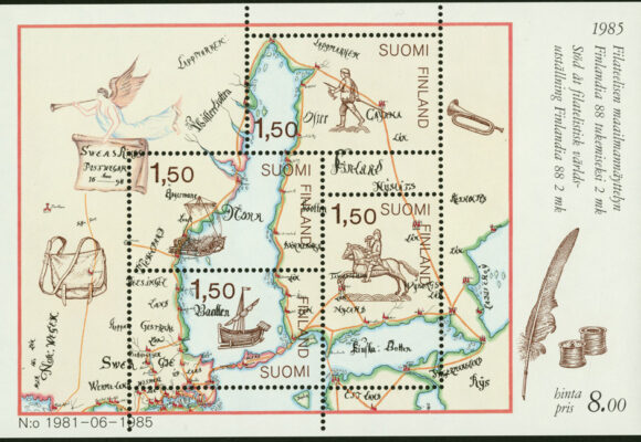 Postimerkkiarkki, jossa on vanhahtavasti piirretty kartta.