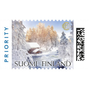 postimerkillä on valokuva talvisesta koskimaisemasta.