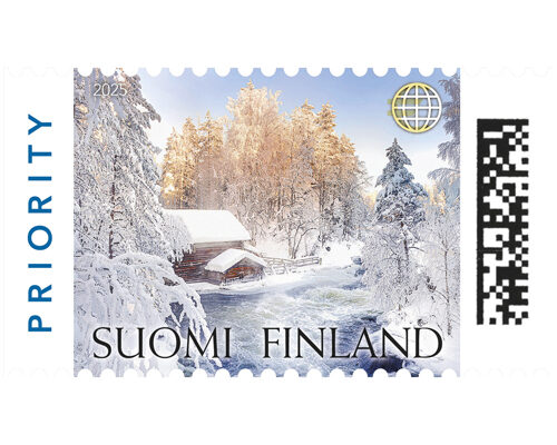 postimerkillä on valokuva talvisesta koskimaisemasta.