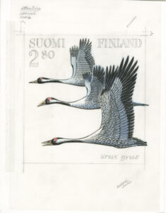 Kolme rinnakkain lentävää lintua postimerkkiluonnoksella.