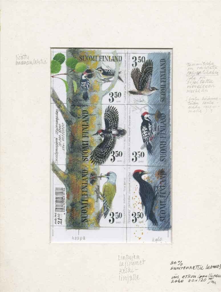 Värikäs luonnospiirustus, jossa on kaksi puunrunkoa ja erilaisia tikkoja Erik Bruunin piirtämänä.