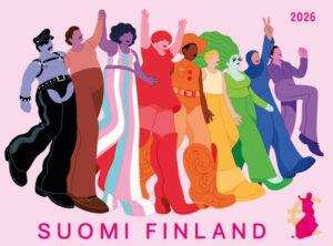 Postimerkissä värikkäitä ihmisiä kulkueessa. Tekstinä Suomi Finlans 2026