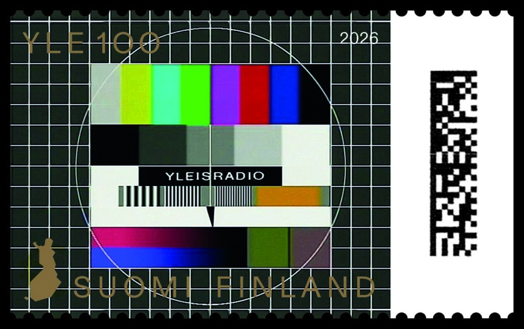 Postimerkki, jossa kuva-aiheena on Yleisradion tv:n virityskuva. Oikeassa reunassa on Postin 2D-viivakoodi.